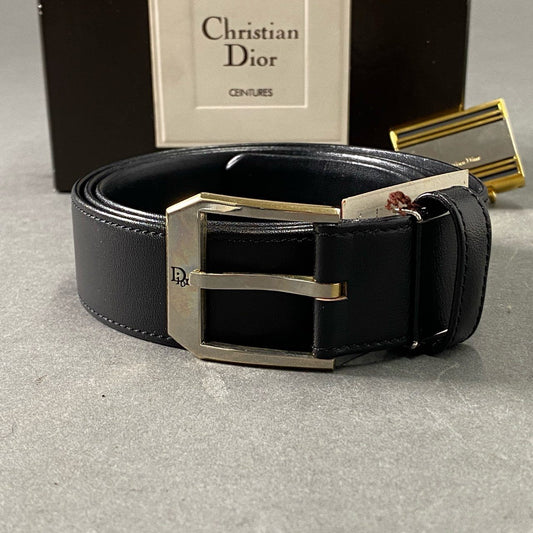 1e19 《美品》 Christian Dior クリスチャン ディオール レザーベルト 替えバックル 紳士用 ブラック leather 箱付属