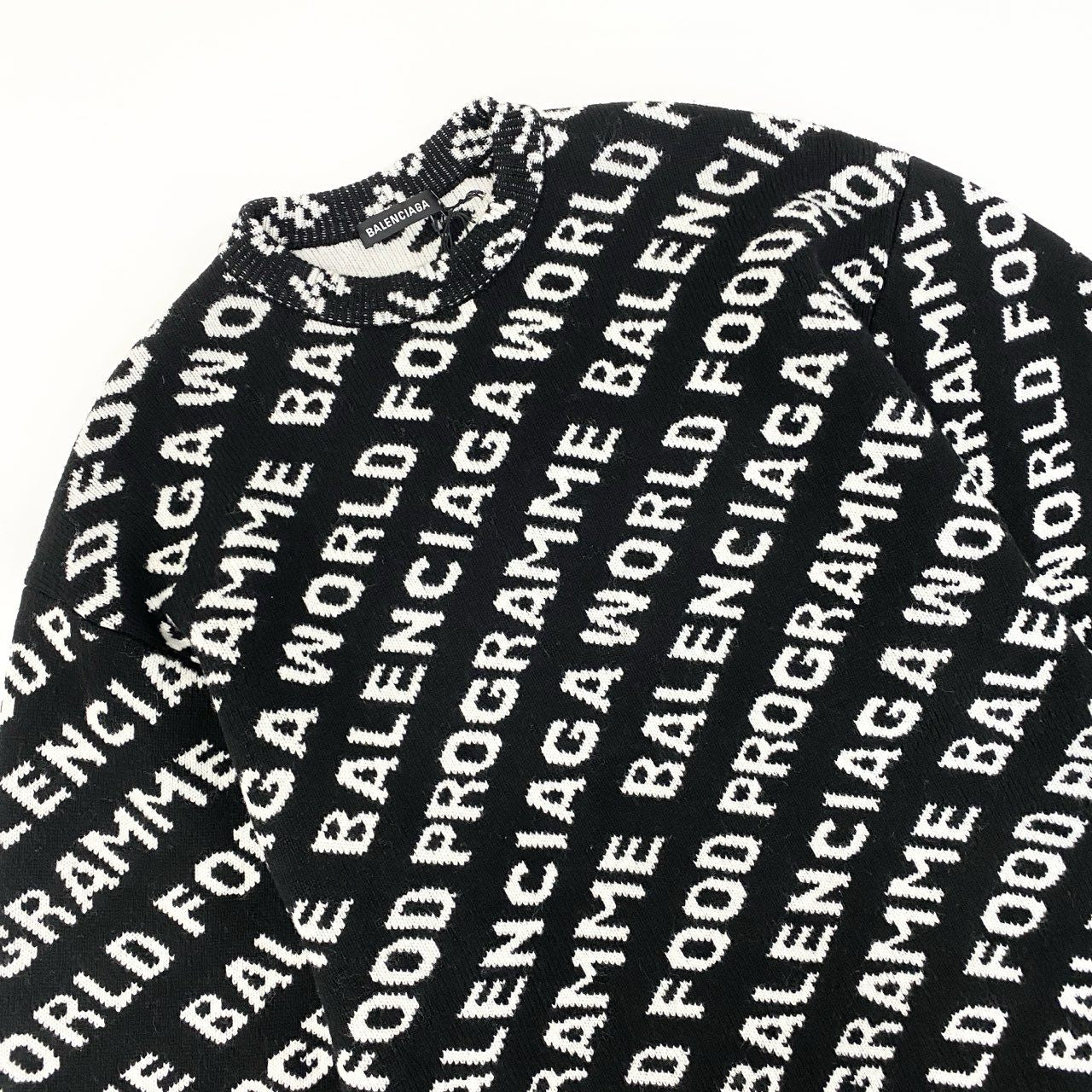 83Ⅼ2【極美品】BALENCIAGA バレンシアガ 20AW ロゴクルーネックニット ニットセーター イタリア製 Mサイズ ブラック ホワイト メンズo07t