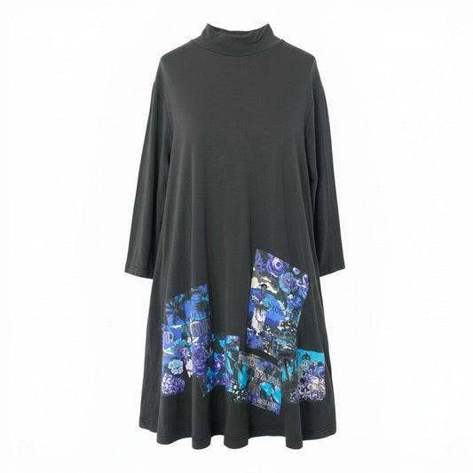 38c2 TOKUKO 1er VOL トクコプルミエヴォル チュニックワンピース 7分袖 モックネック 花柄プリント ストレッチ レディース 女性服 サイズ9 ダークグレーu02t