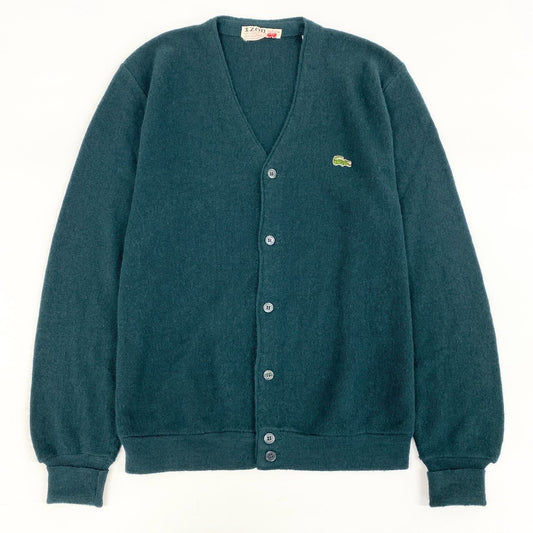 42h22 80’S LACOSTE ヴィンテージ ラコステ IZOD アクリル100％ ワンポイントロゴ ニットカーディガン (M~L相当) グリーン メンズ 男性用 vintage USA製k02i