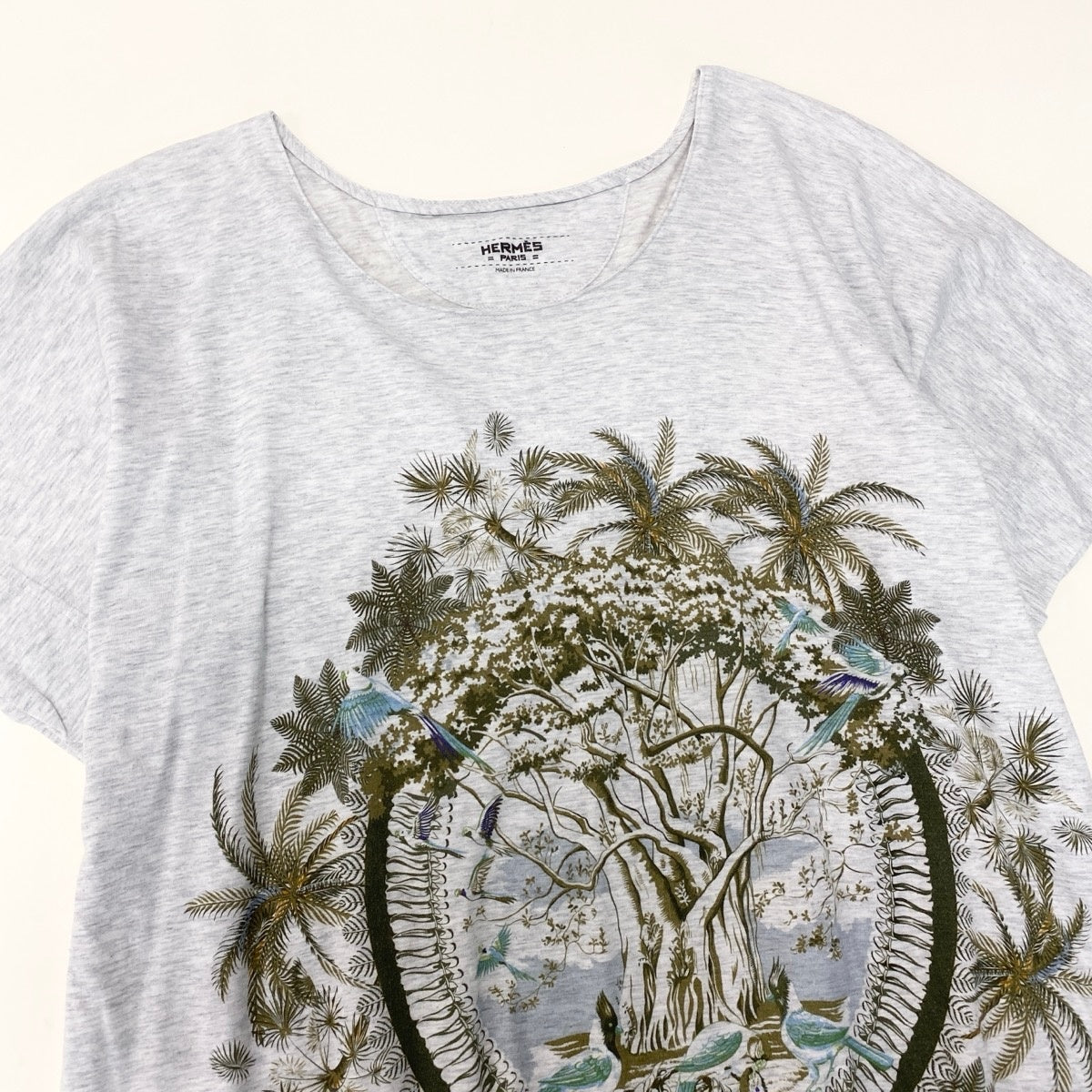 34g18 HERMES エルメス プリントTシャツ クルーネック カットソー ボタニカル柄 サイズ36 ライトグレー コットン100％ レディースu02t
