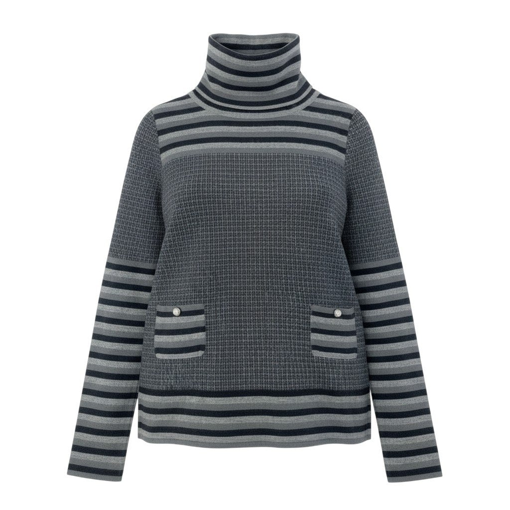 38a15 CHANEL シャネル ココマークボタン ボーター カシミヤセーター タートルネック L相当 グレー カシミヤ100 レディース ニット トップスta1