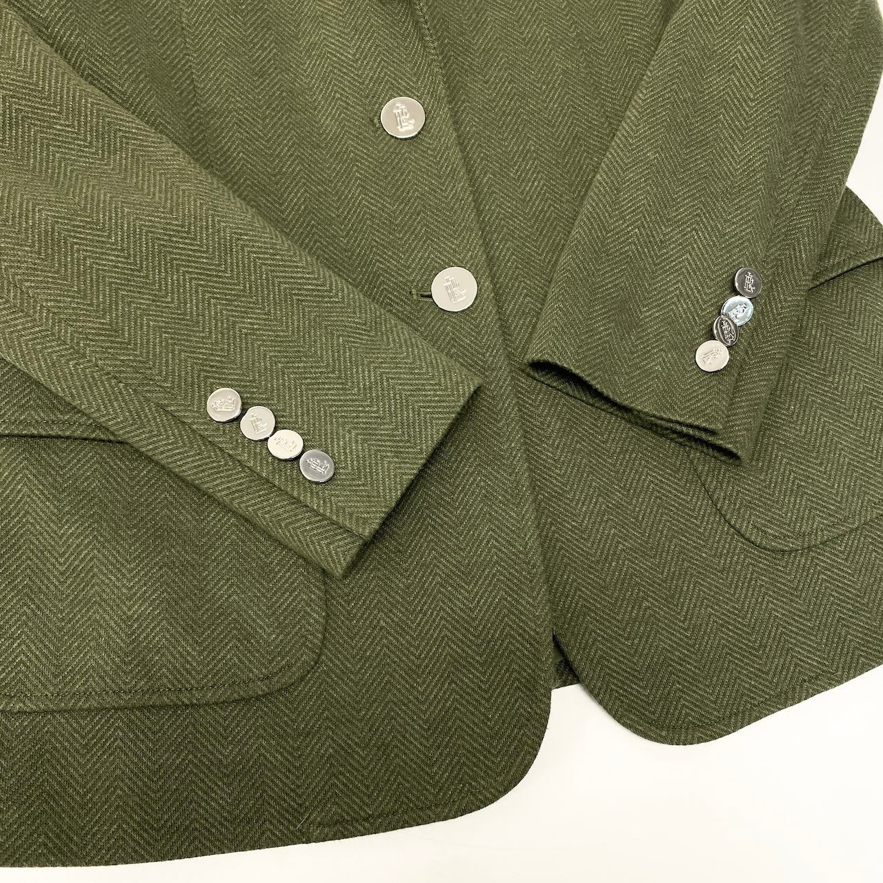 50e8【美品】 LAUREN RALPH LAUREN ローレン ラルフローレン ブリオンストレッチ コットンジャガード ブレザー テーラードジャケット ロゴパッチ 刻印ボタン サイズ２ カーキ レディース 女性用u02t