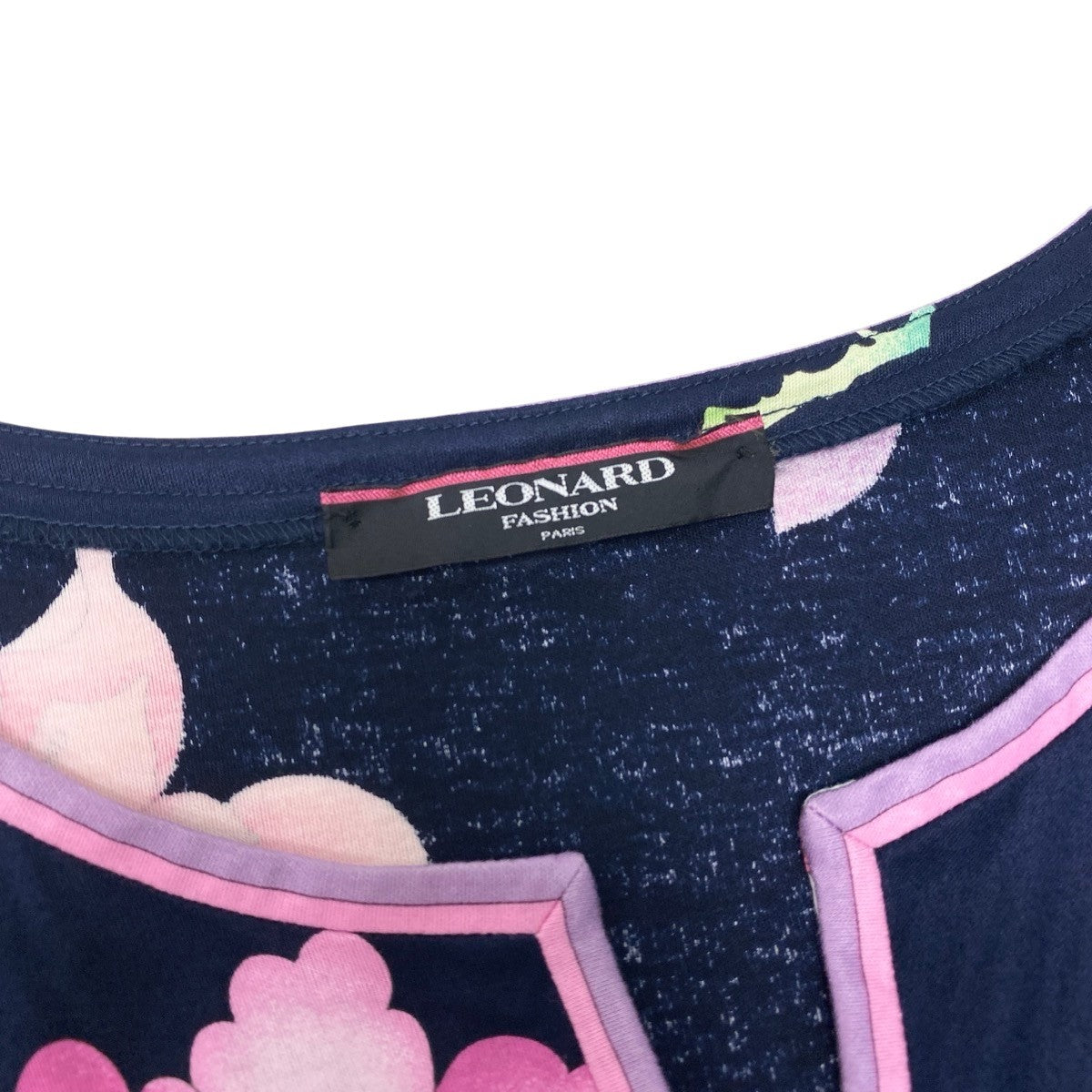 18f15 LEONARD レオナール 半袖ワンピース 鳥 花柄プリント 膝丈 日本製 0330109 Mサイズ マルチカラー コットン100％ レディース 女性用u02t