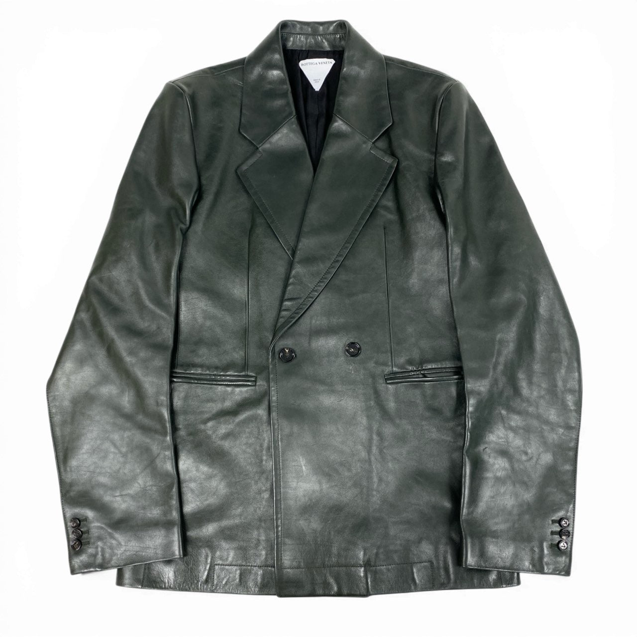 Mb16　《美品》 BOTTEGA VENETA ボッテガヴェネタ ポリッシュレザー レザーダブルコート ジャケット 716235 46 グリーン系 牛革 メンズ イタリア製ta1