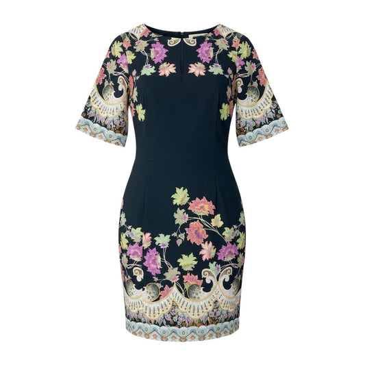 28f15 ETRO エトロ 花柄プリント 五分袖ワンピース ドレス 大きいサイズ 44 ブラック マルチカラー コットン レディースo07t