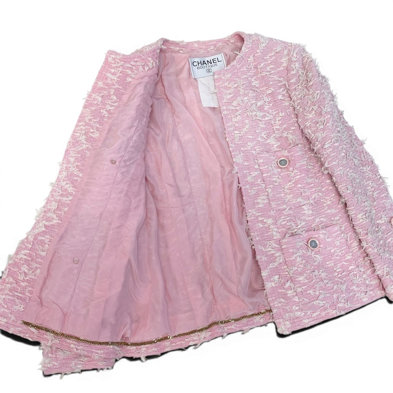 Ce27 CHANEL BOUTIQUE シャネル 1995年 ファンシーツイード ジャケット 4つポケット ココマーク ミラーボタン ピンク レディース 女性服tta1