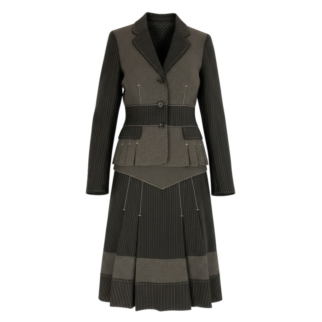 30b11【美品】MOSCHINO モスキーノ スカートセットアップ ジャケット プリーツスカート パッチワークデザイン Sサイズ相当/40サイズ ブラウン系 画像参照 レディース 女性用u02t