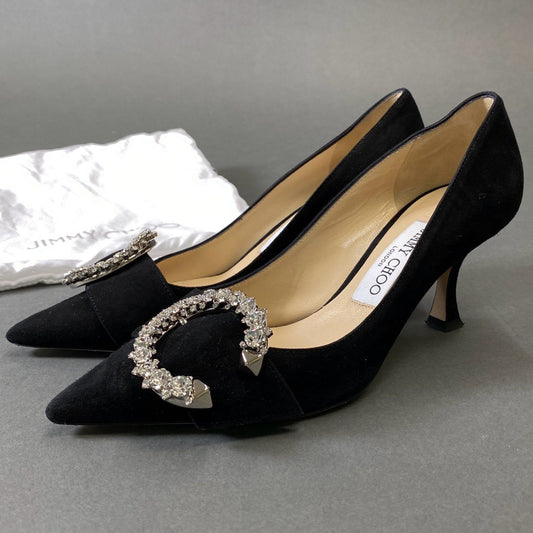 1g31 JIMMY CHOO ジミーチュウ 2023 Melva ラインストーン ビジュー ヒールパンプス シューズ イタリア製 36 ブラック スエード レディースk02i