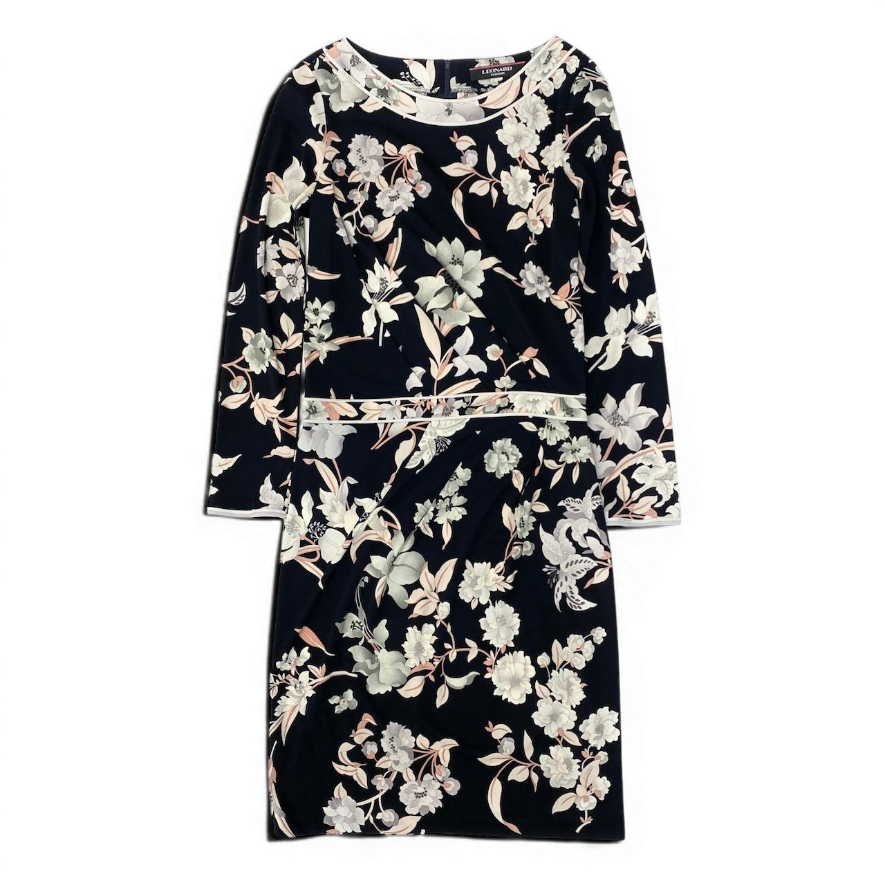 13e8 LEONARD FASHION レオナール ロングスリーブワンピース  美しい花柄プリント カンカン素材 ウエスト切替 0160223 サイズ36 ブラック レディース 女性用u02t
