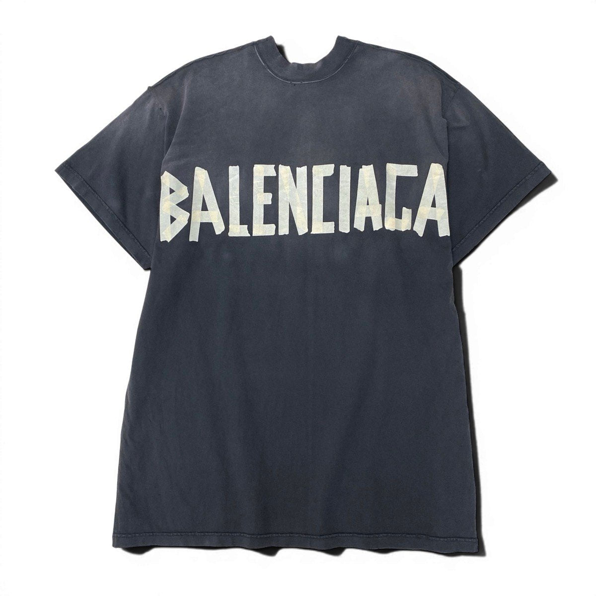 Mf12 BALENCIAGA バレンシアガ テープロゴ 半袖Tシャツ バックロゴ刺繍 ダメージ加工 サイズL ブラック コットン100％ ユニセックスk02i