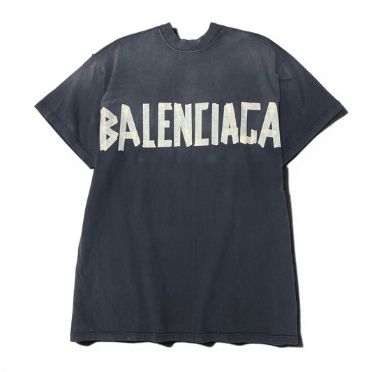 Mf12 BALENCIAGA バレンシアガ テープロゴ 半袖Tシャツ バックロゴ刺繍 ダメージ加工 サイズL ブラック コットン100％ ユニセックスk02i