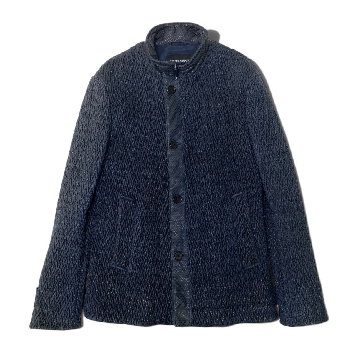 78j8 GIORGIO ARMANI ジョルジオアルマーニ 羊革 レザーギャザー ジップジャケット サイズ52 ブラック ラムレザーt18r