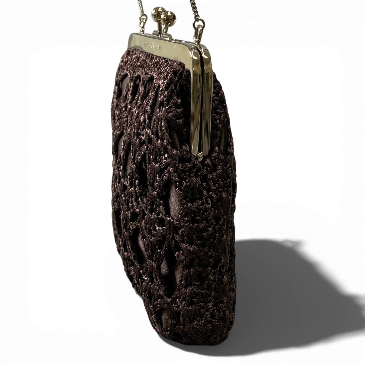 ha5 DOLCE&GABBANA ドルチェアンドガッパーナ がま口 ハンドバッグ ポーチ レース チェーン ブラウン レディースk02i