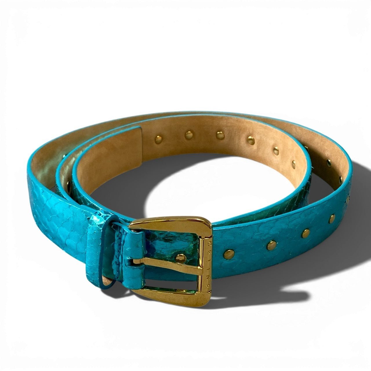 a6 CELINE セリーヌ ベルト 型押し メタリック イタリア製 ターコイズブルー レザー 本革 レディースk02i