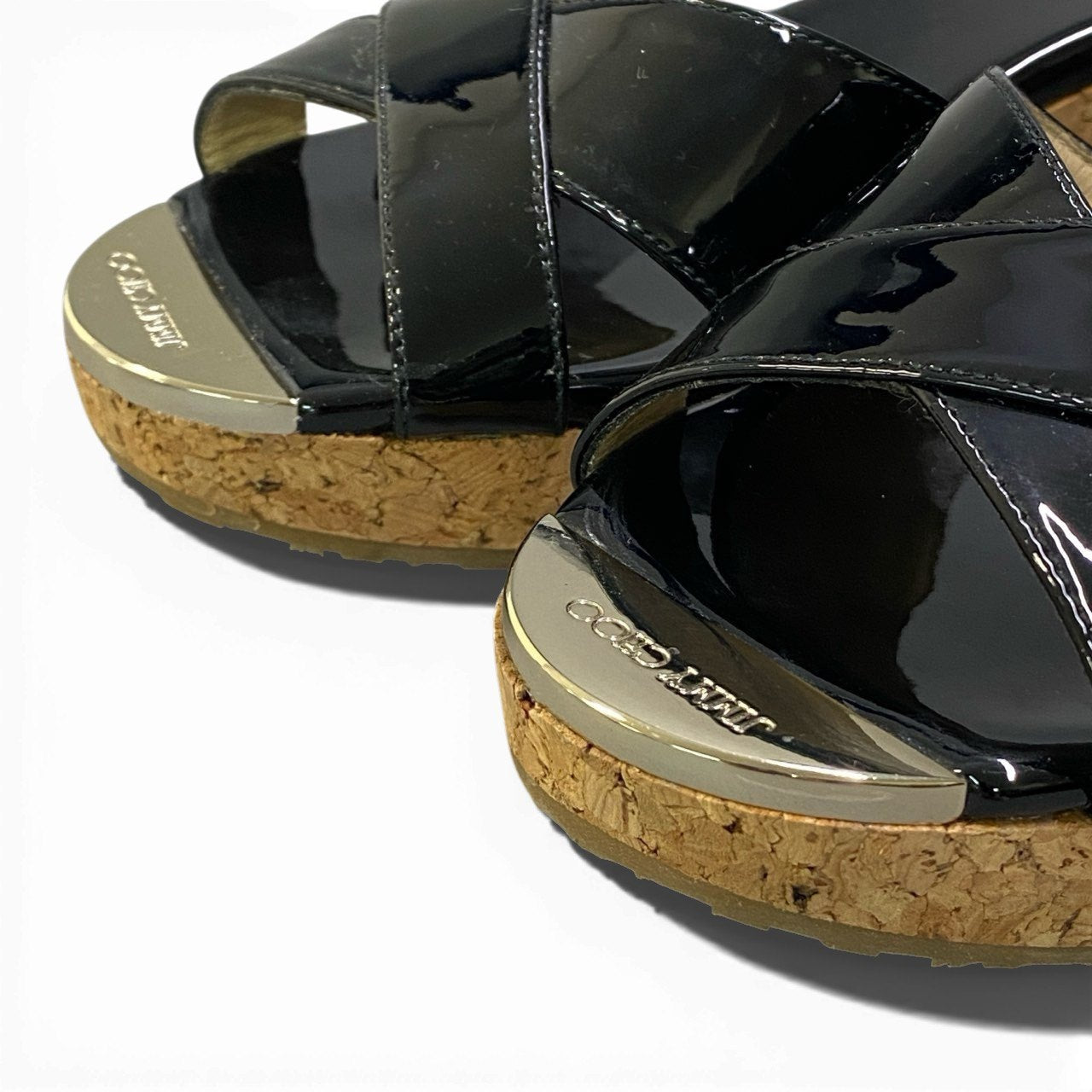 1b23 JIMMY CHOO ジミーチュウ エナメル クロスストラップ サンダル コルクウェッジサンダル レディース 女性靴 サイズ37 ブラックu02t