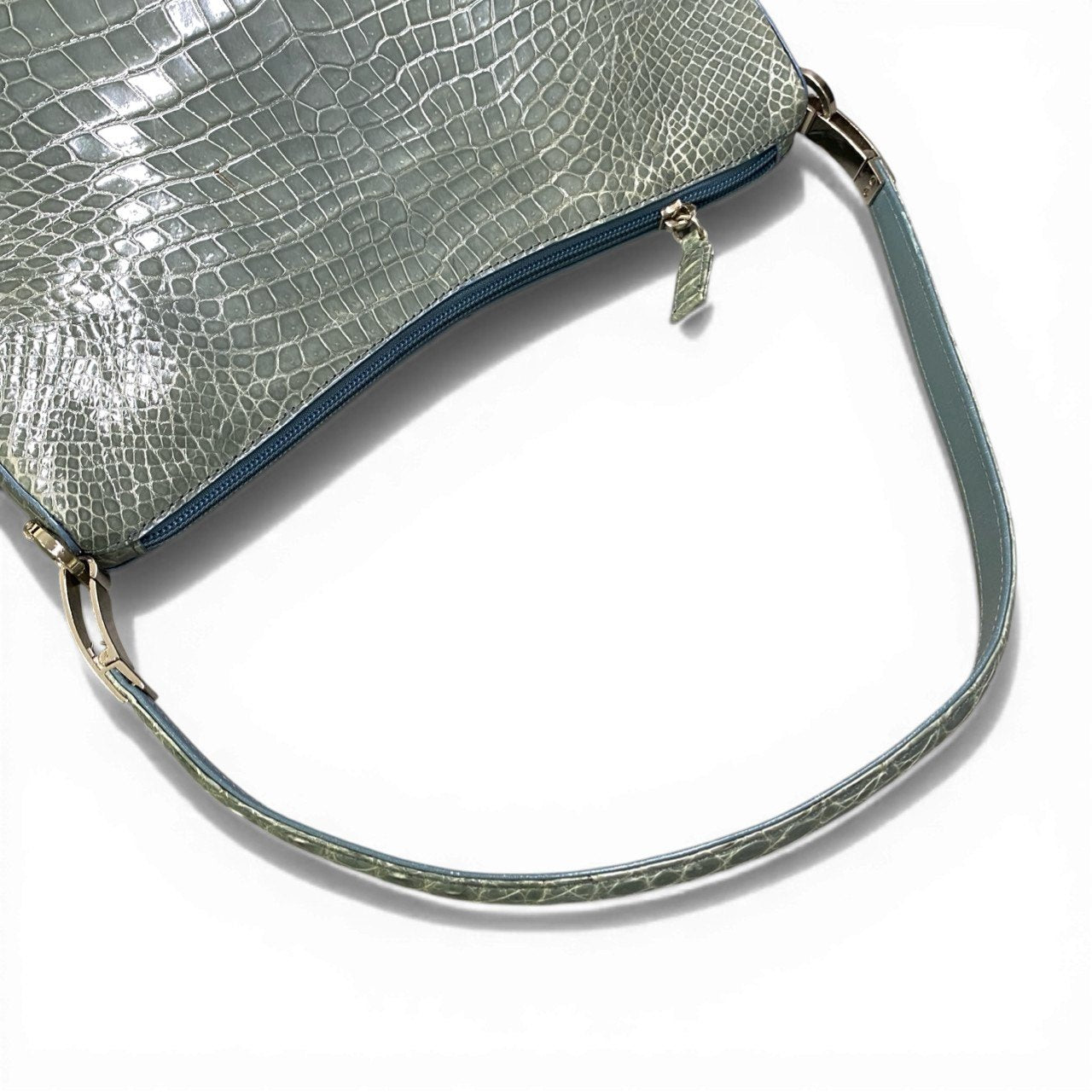 ac21 Sanpo サンポー シャイニングクロコ 2WAY バッグ ブルー 本クロコ Crocodile Leather Bag 鞄 カバン チェーンショルダーt18r