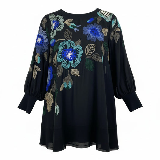 64k19《美品》 TOKUKO 1er VOL トクコプルミエヴォル チュニックワンピース シアーカットソー 花柄モチーフ 刺繍 レディース 女性用 9 ブラックu02t