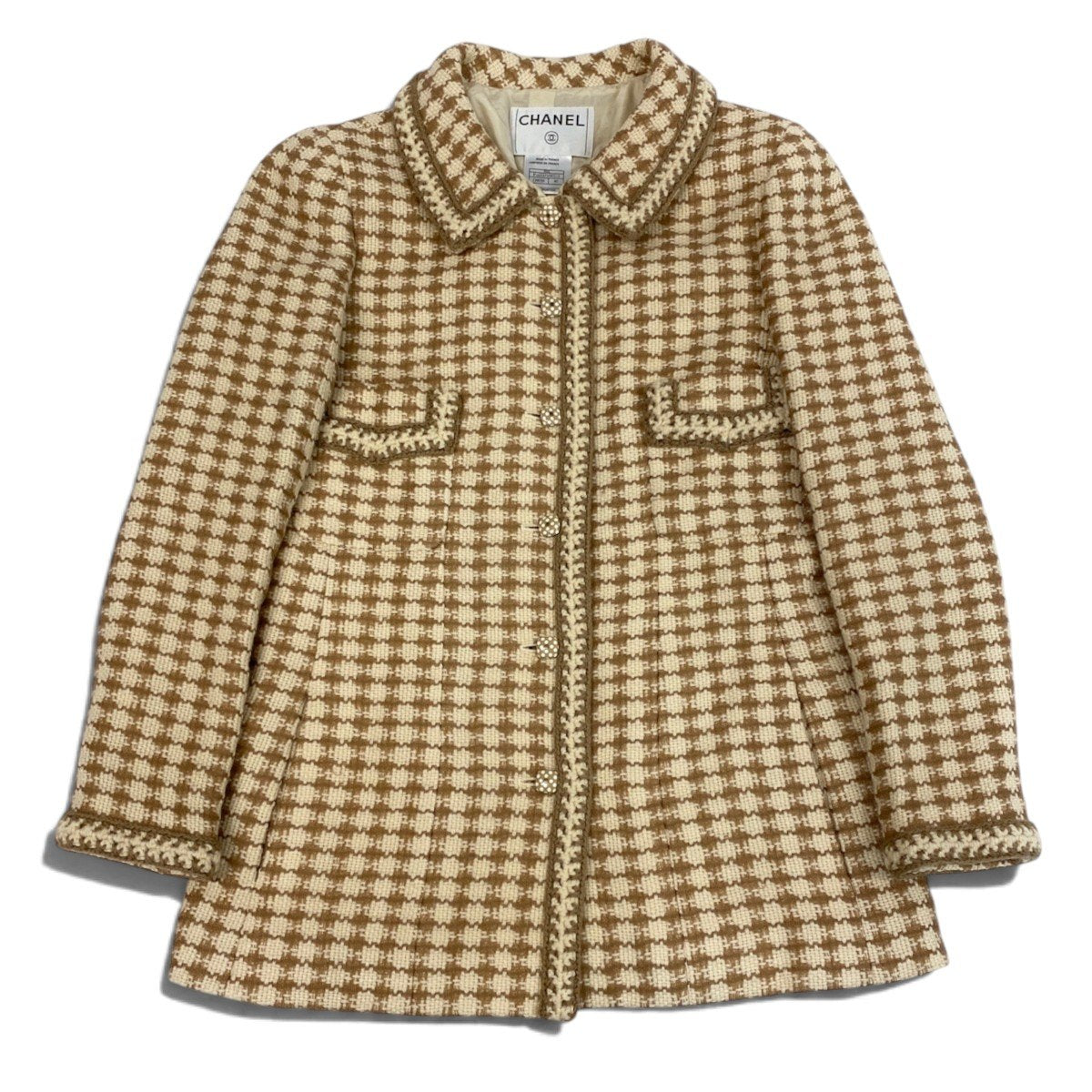 i22 CHANEL シャネル 00A 千鳥格子 ドット柄ボタン ツイードコート Vintage Polka Dot button Tweed Coat P16535 Size40 ベージュt18r