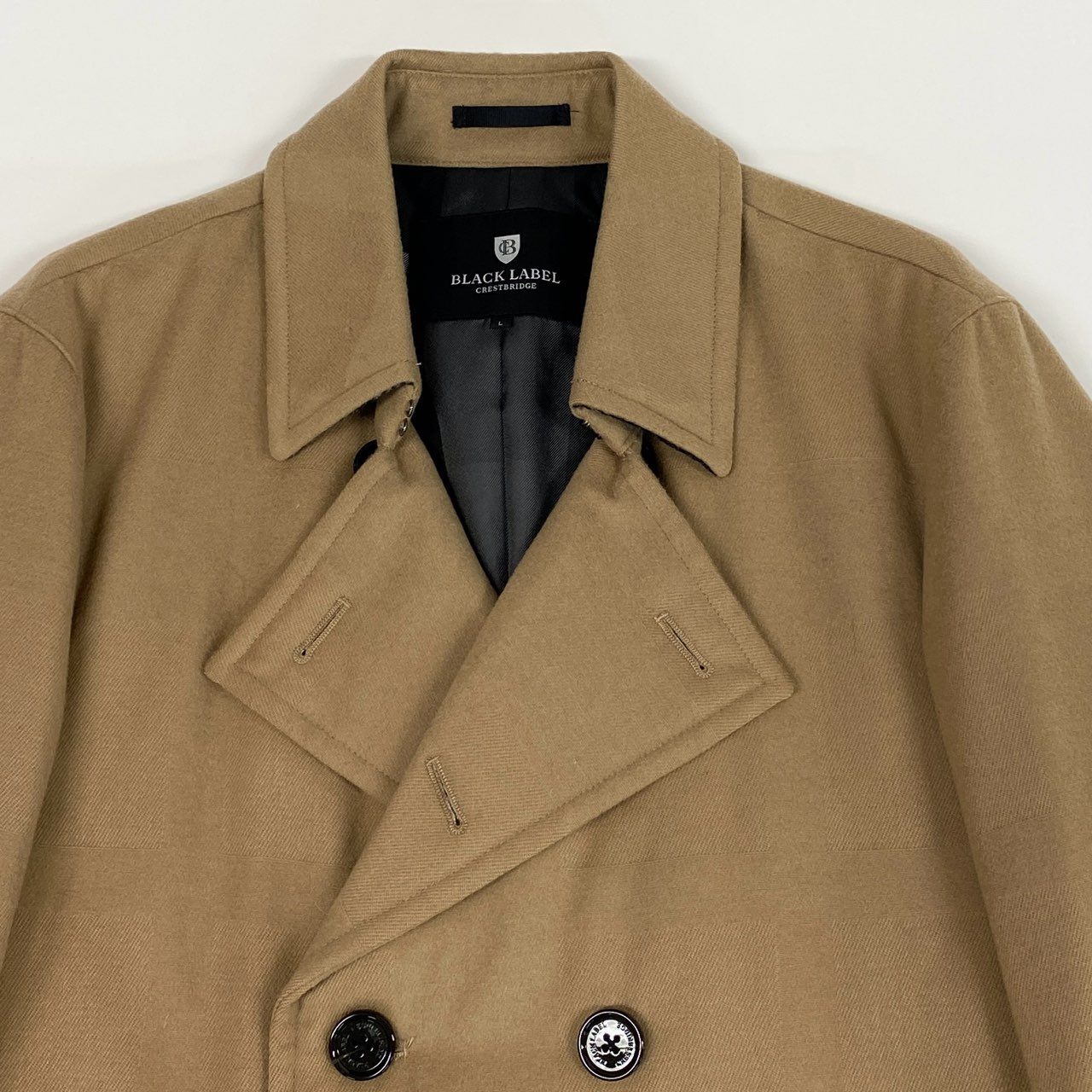 84j5 BLACK LABEL CRESTBRIDGE ブラックレーベル クレストブリッジ チェック柄 ダウン ピーコート ハーフコート ジャケット 51F15-614-46 Lサイズ ベージュ ウール 羊毛 メンズo07t