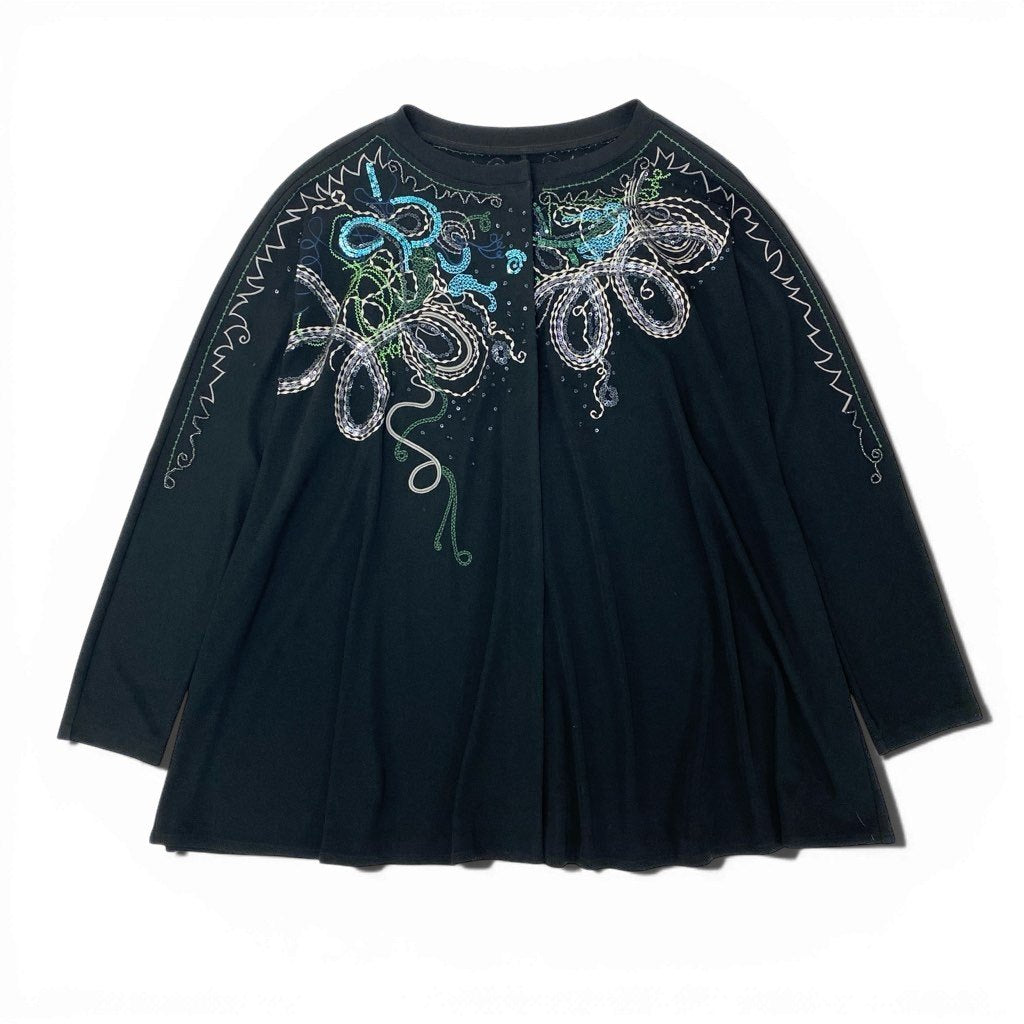 46a30 TOKUKO 1er VOL トクコプルミエヴォル ロングスリーブカーディガン チュニック丈 スパンコール 刺繍 ストレッチ○ レディース 9 ブラックu02t