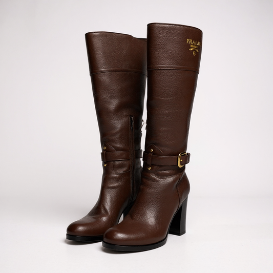 L11 PRADA プラダ ロゴ入り ゴールド金具 チャンキーヒール サイドジップ ブーツ サイズ35 ブラウン レザー レディース 女性用 靴k02i