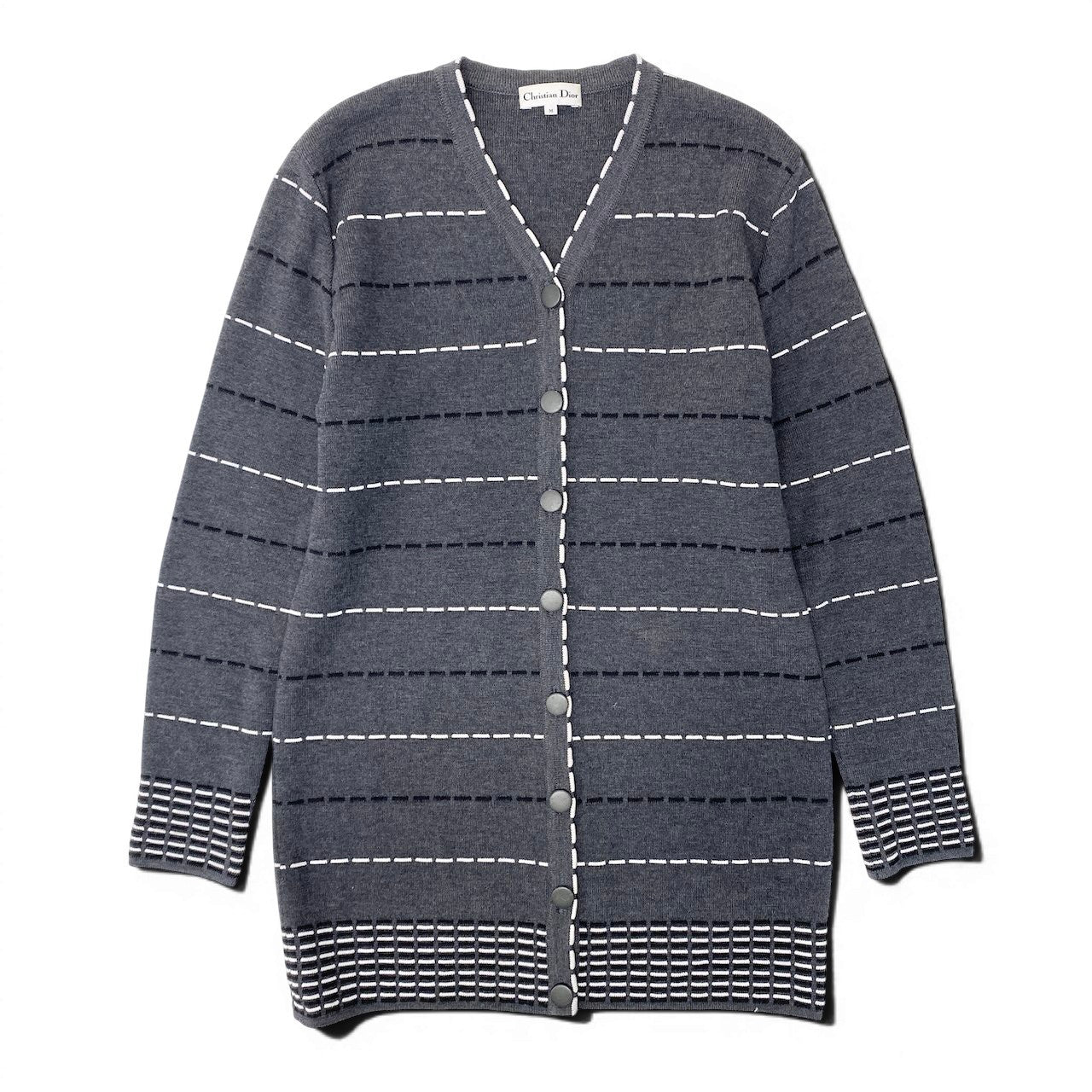 84e29 Christian Dior クリスチャンディオール ロング ニットカーディガン  ボーダー KW30N4027 サイズM グレー ウール×レーヨン レディース 女性服o07t