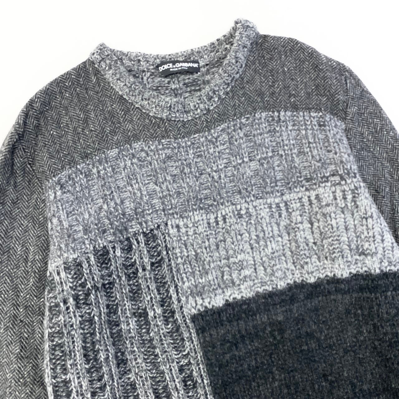 15e11 【美品】DOLCE&GABBANA ドルチェアンドガッパーナ ロングスリーブニットセーター 切替デザイン ツイード イタリア製 44サイズ グレー メンズ 男性用u02t