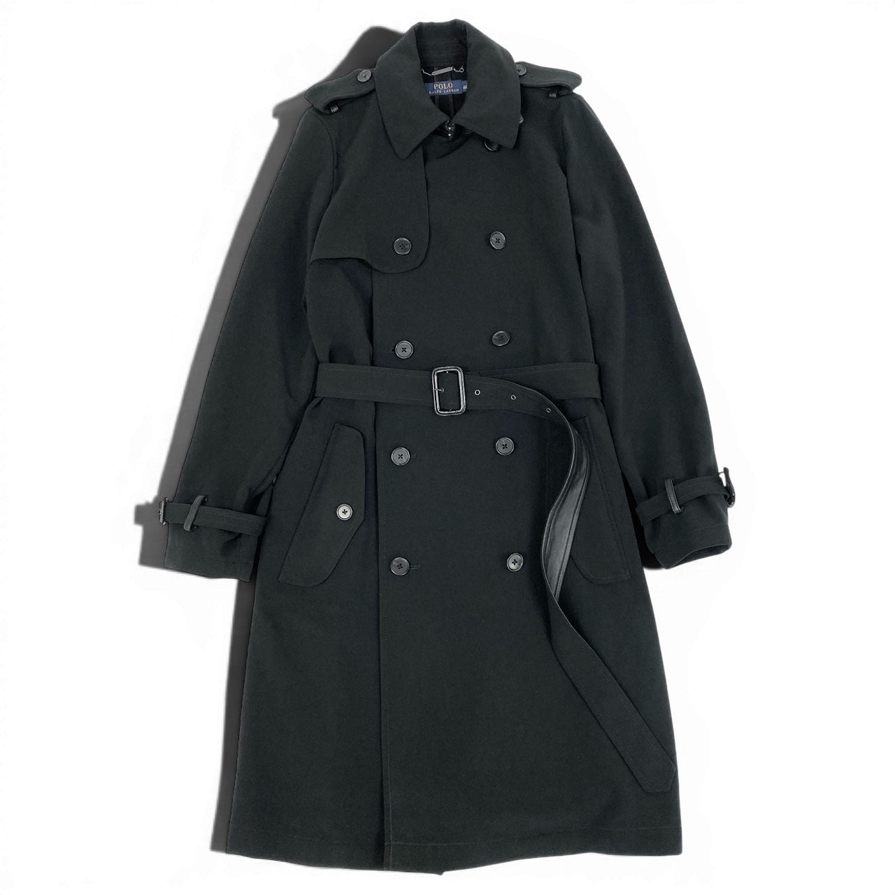 37d14 【美品】 POLO RALPH LAUREN ポロラルフローレン トレンチコート スプリングコート ロング レザーベルト  サイズ12 180/104A ブラック メンズ 紳士服u02t