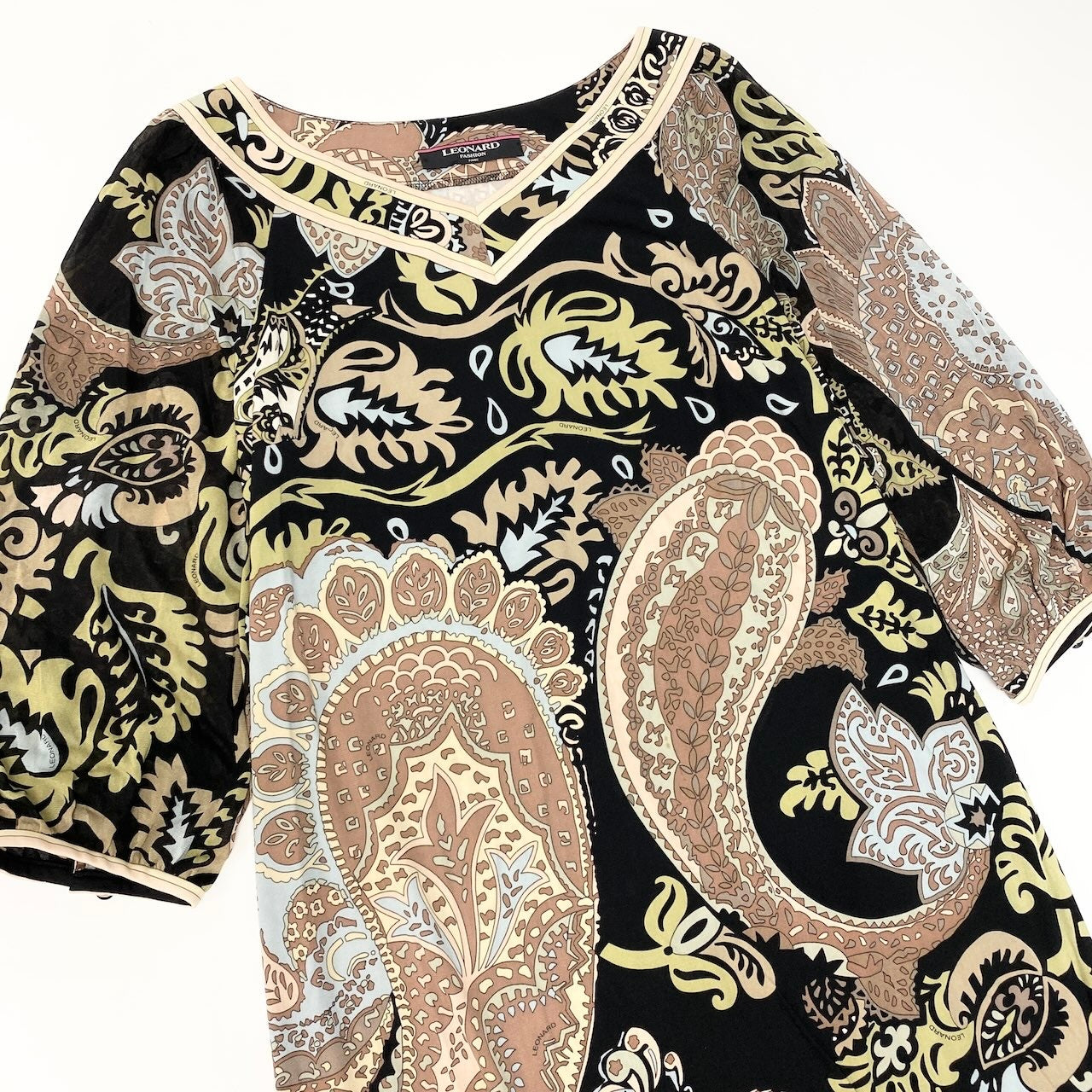 17d11 LEONARD FASHION レオナール ロングワンピース カンカン素材 七分袖ワンピース ペイズリー柄 総柄プリント LL マルチカラー レディース 女性用o07t