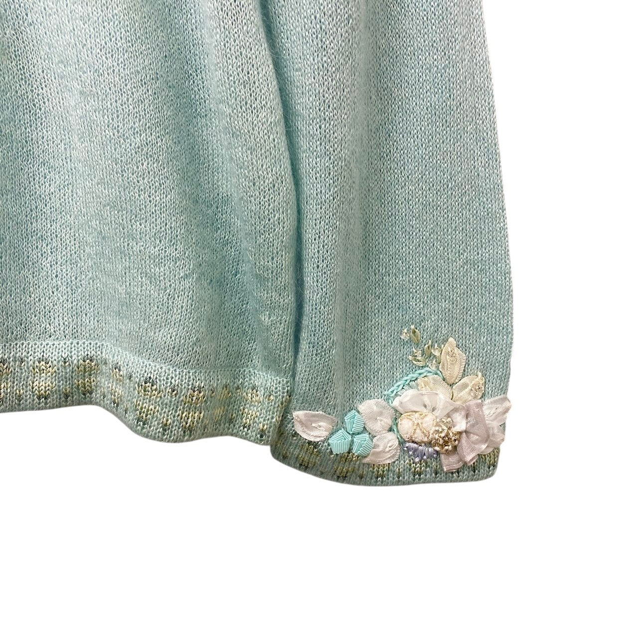 58g5 ATELIER SAGAN アトリエサガン ロングスリーブカーディガン ニットセーター 刺繍デザイン Mサイズ ミントブルー レディース 女性用u02t