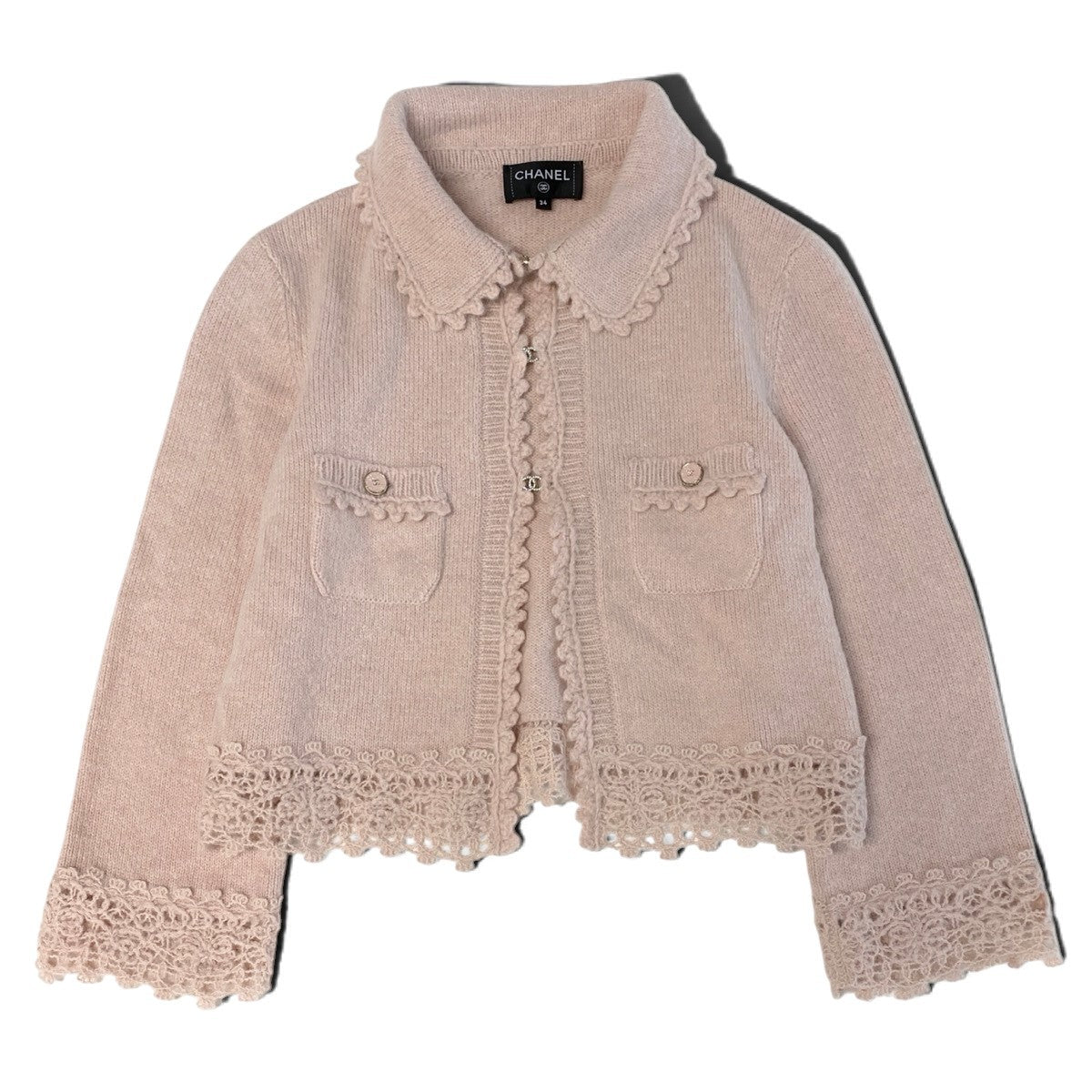 Cj22 【極美品】CHANEL 25~26AW カシミヤジャケットカーディガン ラインストーンココマーク LOOK48 P80281 34サイズ ピンク レディース 女性用k02i