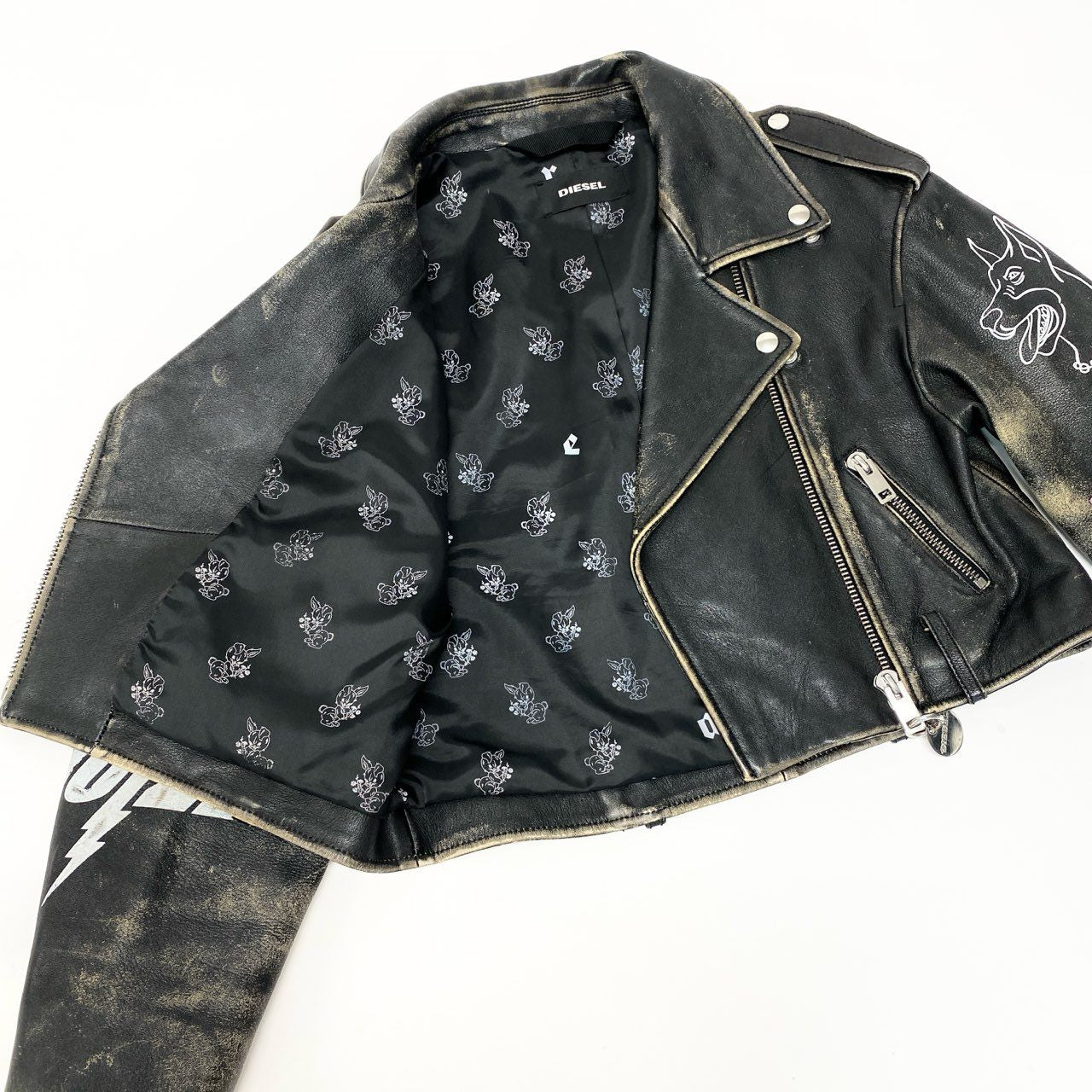 83c3 DIESEL ディーゼル ダブルライダースジャケット レザージャケット ダメージ加工 ペイント ワッペンデザイン XXSサイズ ブラック 羊革 レディース 女性用o07t