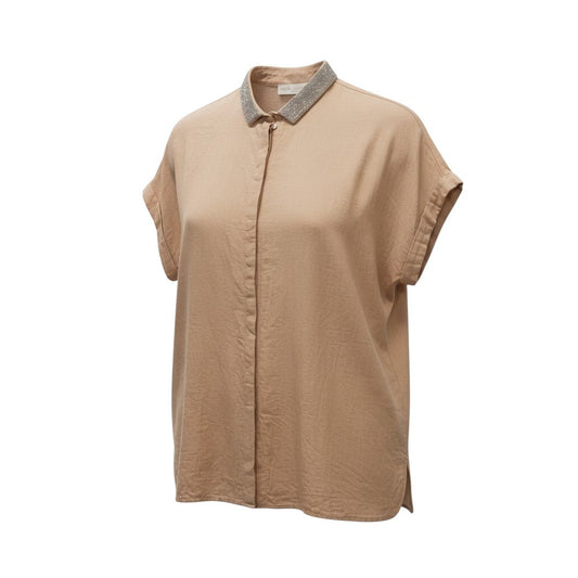 24d3 FABIANA FILIPPI ファビアナフィリッピ フレンチスリーブシャツ コットンシャツ 半袖 ビーズ装飾 イタリア製 レディース サイズ40 XS ピンクベージュ コットン100％o07t