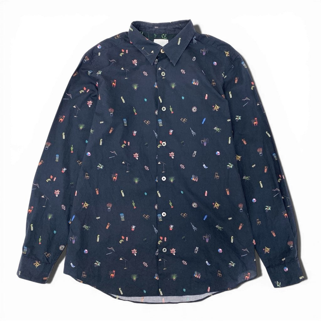 67a12 Paul Smith ポールスミス  ロングスリーブシャツ コットンシャツ 総柄プリント 薄手 メンズ 紳士服 PF-WR-45089 M ネイビー 綿100％u02t