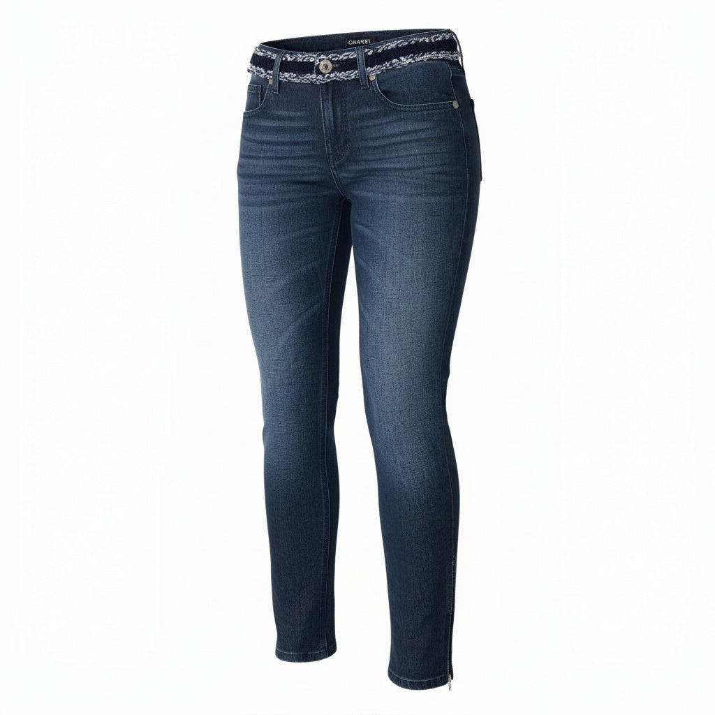 76a28 CHANEL シャネル P52309 2016 編み込みデザイン 裾ジップ付き デニムパンツ ジーンズ ボトム サイズ36 インディゴ レディース パンツta1