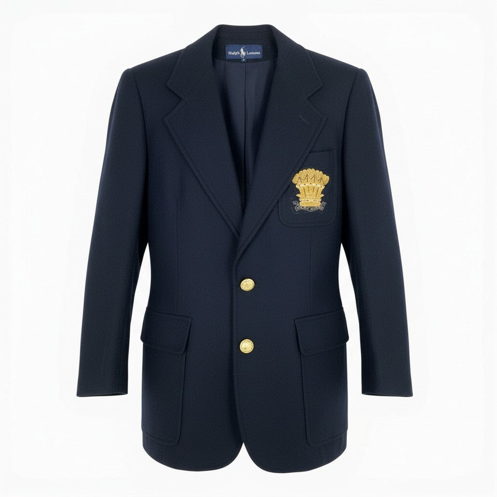 37a19 Ralph Lauren ラルフローレン テーラードジャケット 紺ブレザー 金ボタン 胸元ワッペン レディース 女性用 サイズ７ ネイビー ウール100％u02t