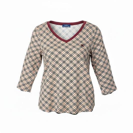 47f17 BURBERRY LONDON バーバリーロンドン ホース刺繍 ノバチェック Vネック 長袖Tシャツ カットソー トップス Mサイズ ベージュ コットン レディースo07t