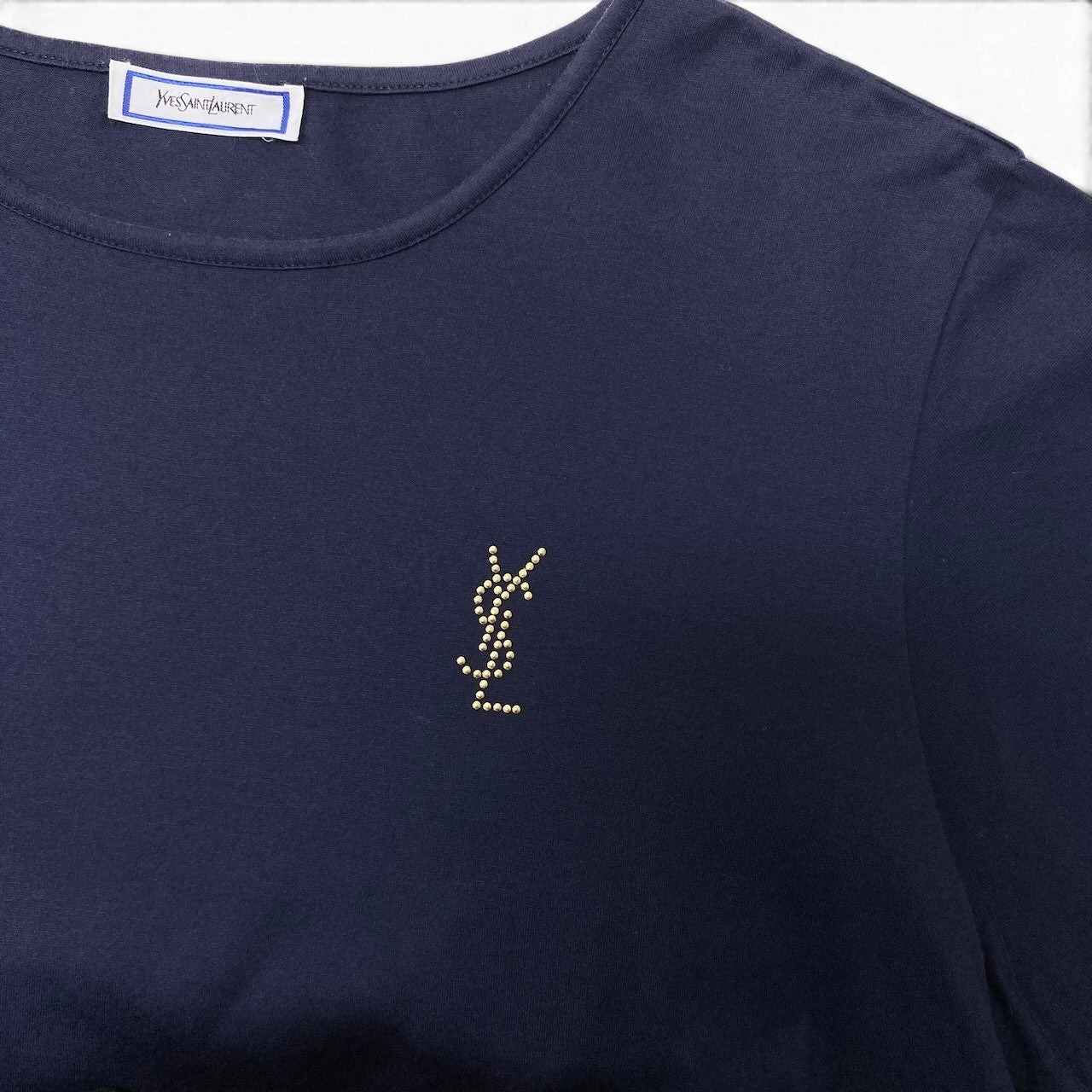 If26 YVES SAINTLAURENT イヴサンローラン 半袖カットソー ラインストーン ブランドロゴ コットンシャツ Tシャツ レディース 女性用 WN73-267 M ネイビー 綿100％u02t