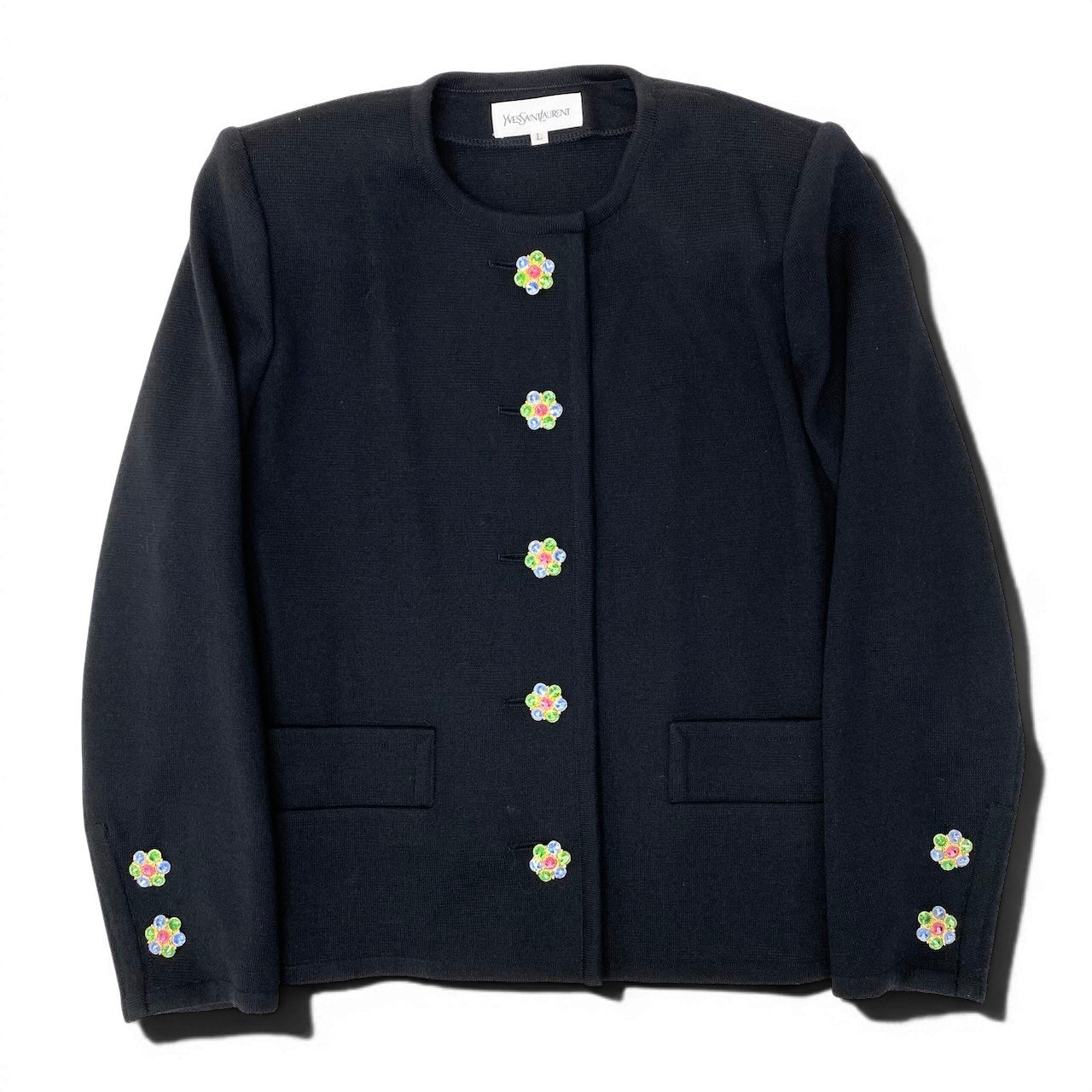 Ee26 YVES SAINT LAURENT イヴサンローラン ビジューボタン ノーカラー ニットジャケット サイズL ブラック ウール100％ レディース 女性服u02t