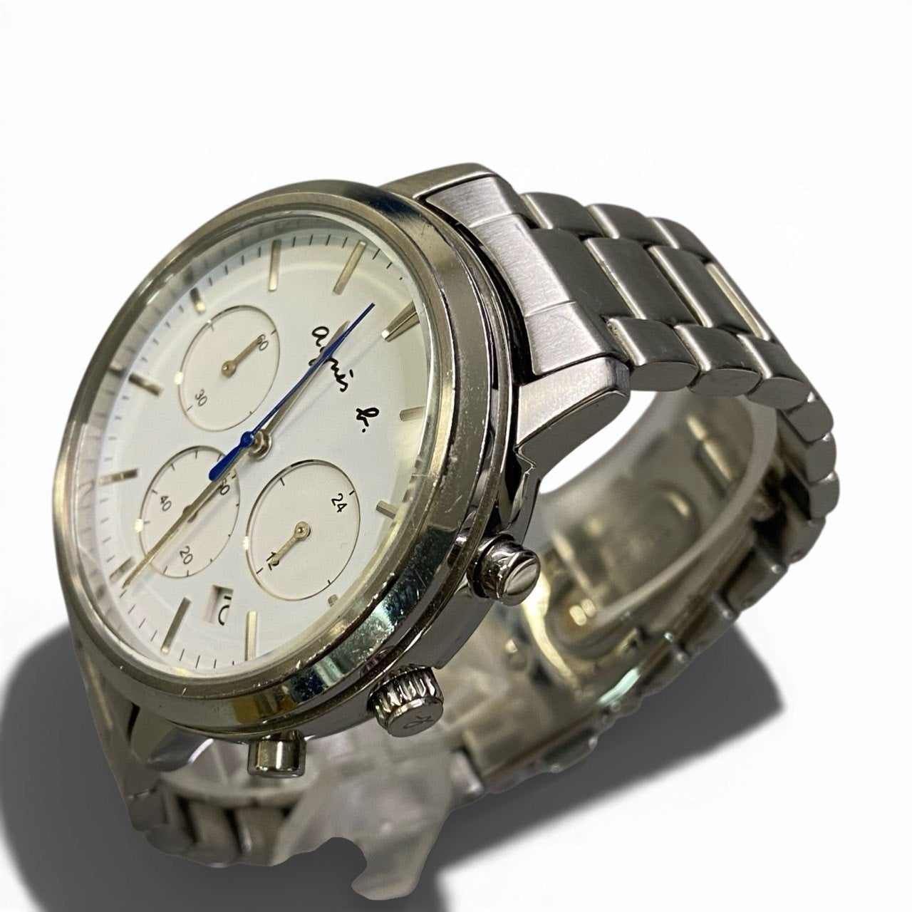 b12 【美品】 agnes b アニエスベー クロノグラフ デイト クォーツ 腕時計 QZ VD53-KWB0 シルバー ホワイト ステンレスk02i