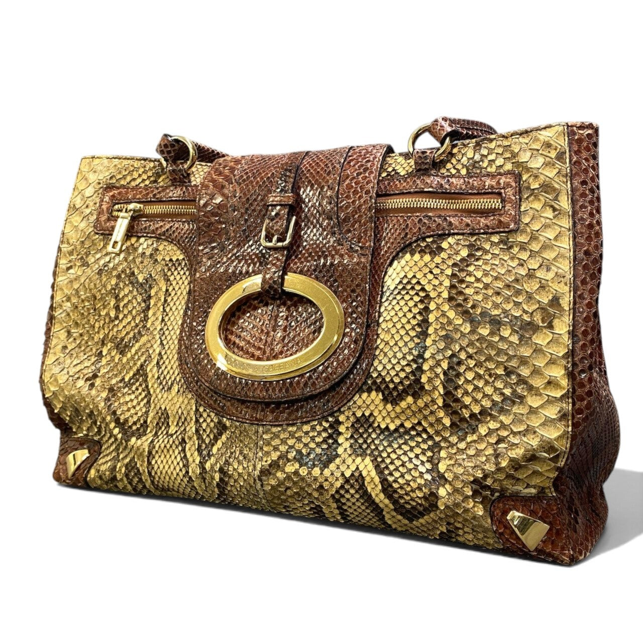 h29 DOLCE＆GABBANA ドルチェアンドガッバーナ リアルパイソン ハンドバッグ ゴールド金具 ブラウン系 パイソンレザーu02t