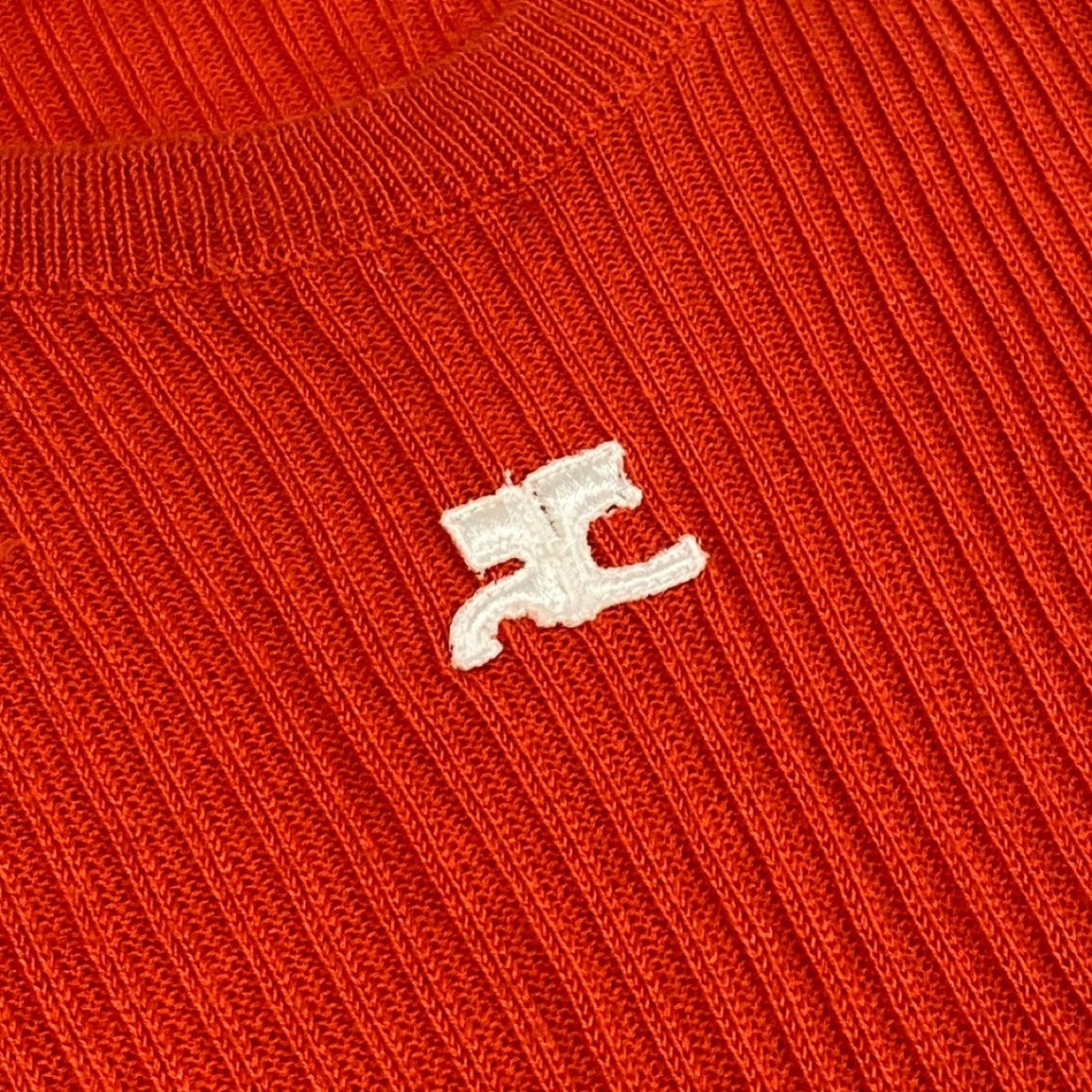31i8 Courreges クレージュ フランス製 VINTAGE ワンポイントロゴ刺繍 長袖ニット セーター トップス オレンジ コットン レディースk02i