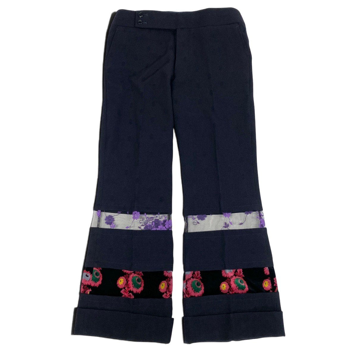 h28 《美品》 COMME des GARCONS コムデギャルソン フラワー刺繍 レース切り替え スラックスパンツ GC-P001 M ネイビー ウールu02t