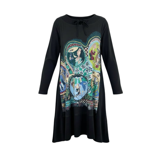 56k26 TOKUKO 1er VOL トクコプルミエヴォル 長袖ワンピース ロングワンピース Aライン プリント 9 ブラック レディースu02t