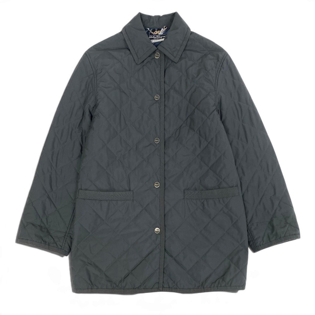 Ej15 Salvatore Ferragamo サルヴァトーレフェラガモ キルティングジャケット ロゴボタン ガンチーニチェーン サイズXS グレー レディースo07t