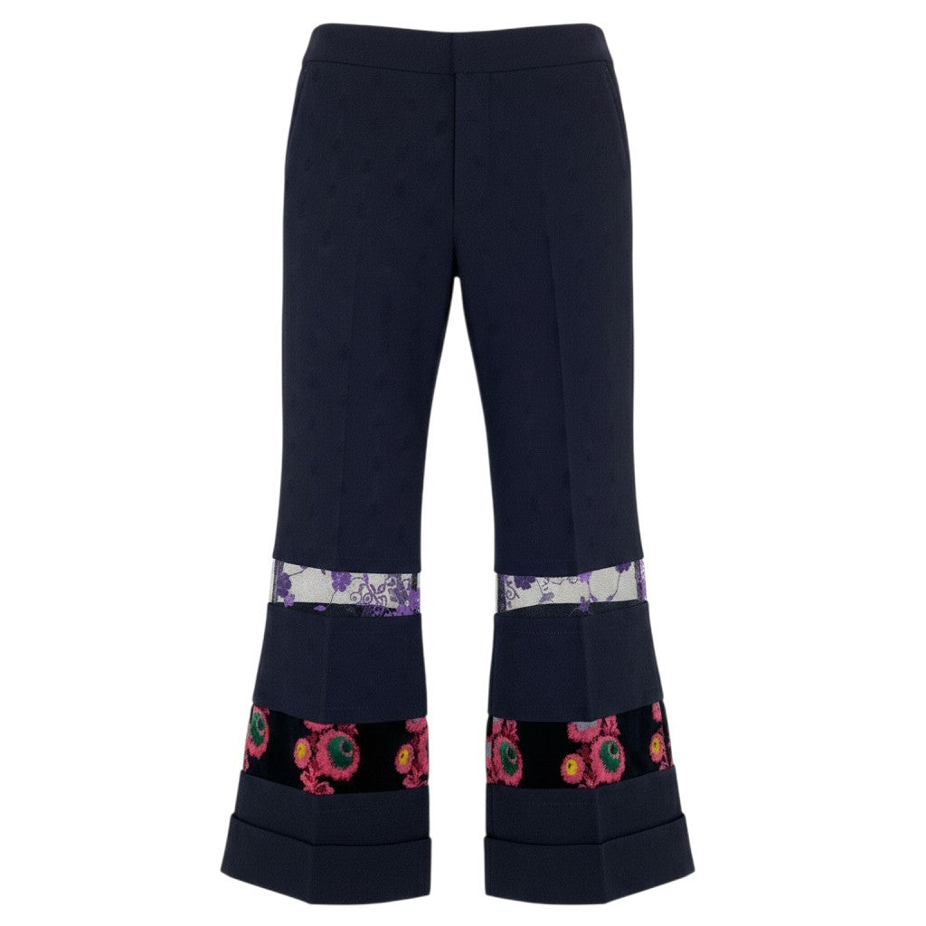 h28 《美品》 COMME des GARCONS コムデギャルソン フラワー刺繍 レース切り替え スラックスパンツ GC-P001 M ネイビー ウールu02t