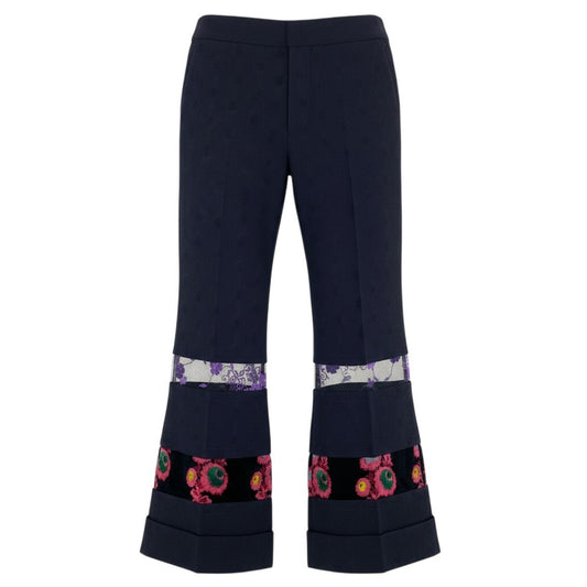 h28 《美品》 COMME des GARCONS コムデギャルソン フラワー刺繍 レース切り替え スラックスパンツ GC-P001 M ネイビー ウールu02t