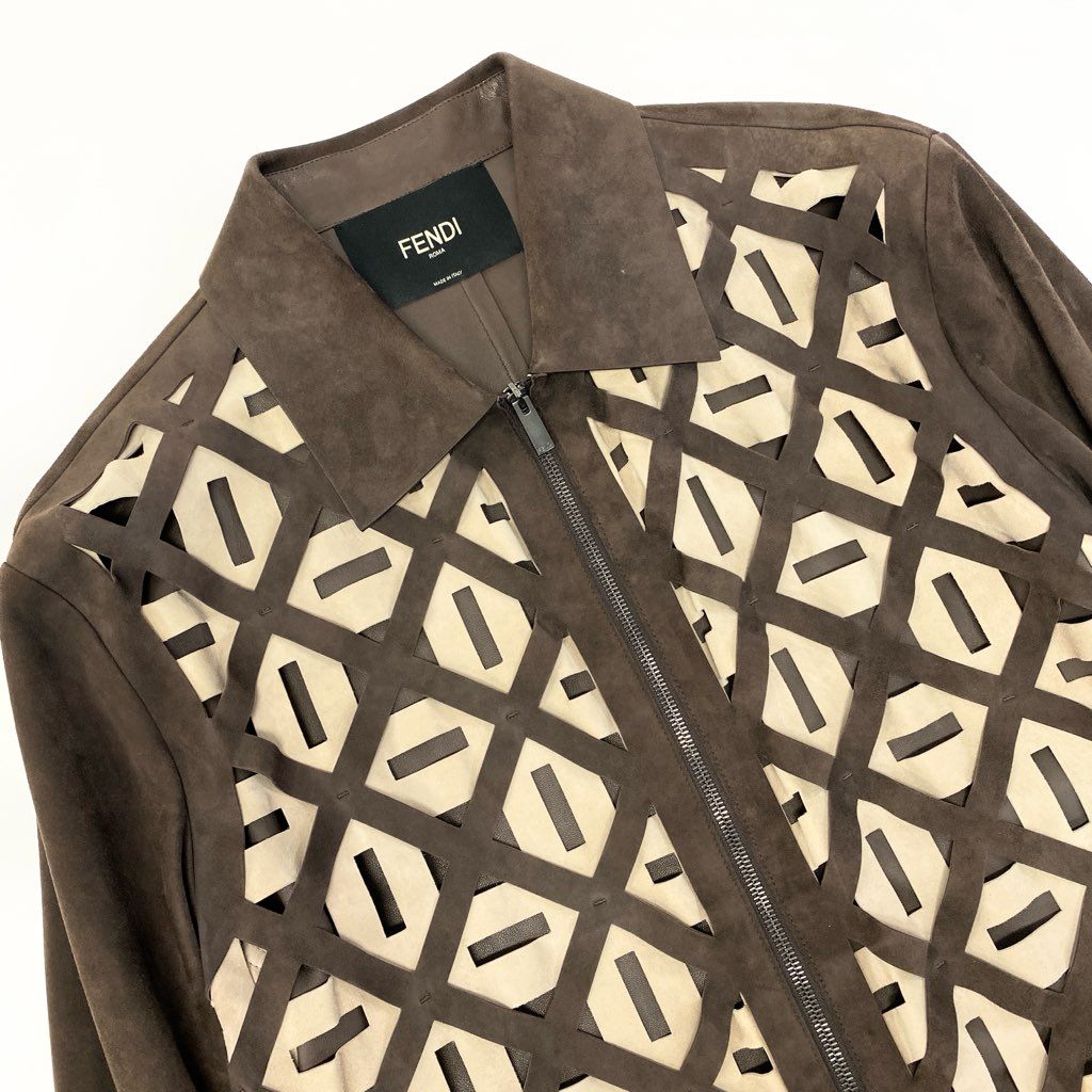 29a9 FENDI フェンディ レザージャケット スウェードレザー 本革 ダブルジップ  サイズ50 ブラウン ベージュ 羊革o07t