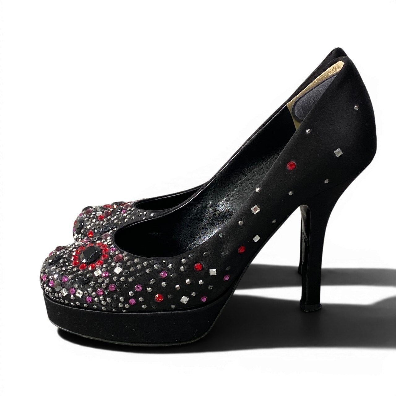 e8 D&G DOLCE&GABBANA ドルチェ＆ガッバーナ ラインストーン パンプス サイズ37 1/2 ブラック サテン レディース シューズk02i